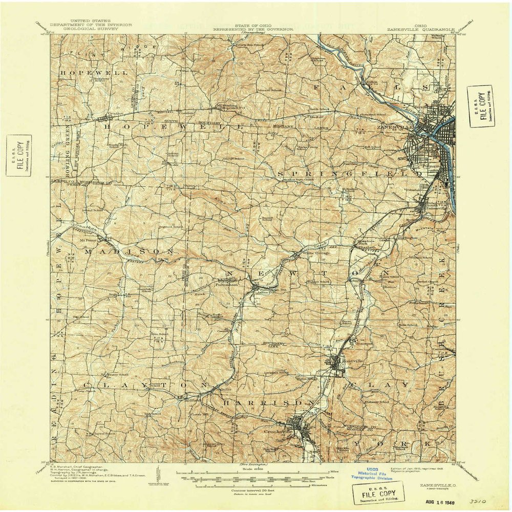 YellowMaps Zanesville OH topo map, 1:62500 Scale, 15 X 15 Minute, Historical, 1910, Updated 1948, 20.9 x 17 in - Tyvek