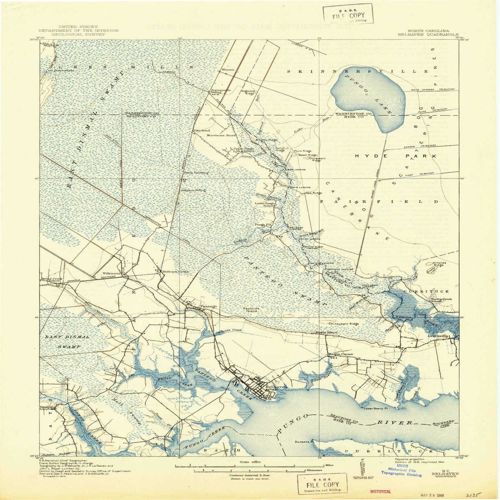 YellowMaps Belhaven NC topo map, 1:62500 Scale, 15 X 15 Minute, Historical, 1916, Updated 1944, 21 x 17 in - Tyvek