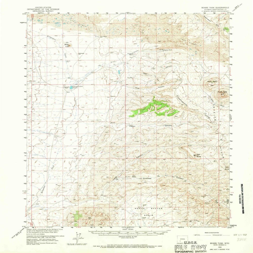 YellowMaps Boars Tusk WY topo map, 1:62500 Scale, 15 X 15 Minute, Historical, 1958, Updated 1967, 20.8 x 16.3 in - Tyvek