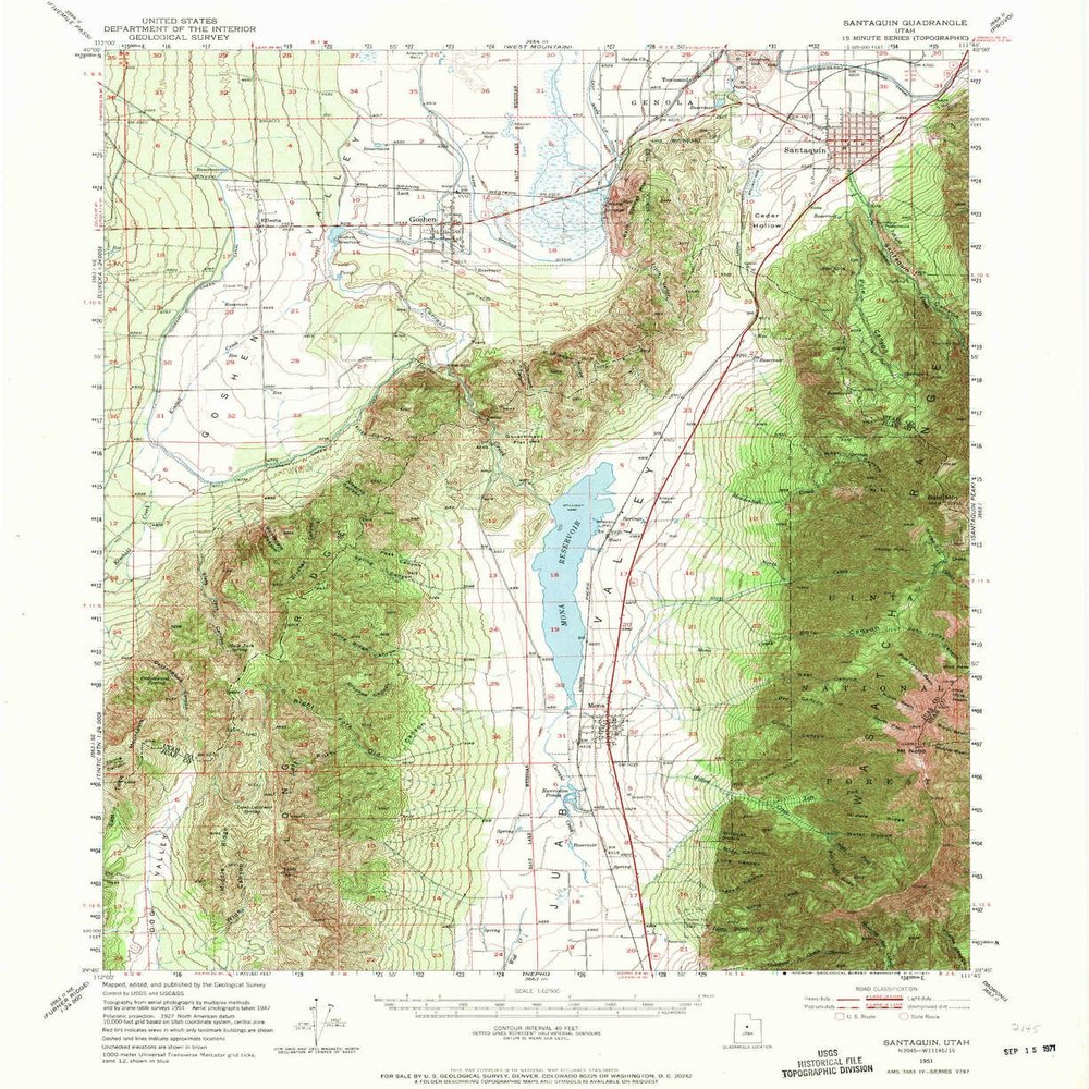 YellowMaps Santaquin UT topo map, 1:62500 Scale, 15 X 15 Minute, Historical, 1951, Updated 1971, 20.7 x 17 in - Tyvek