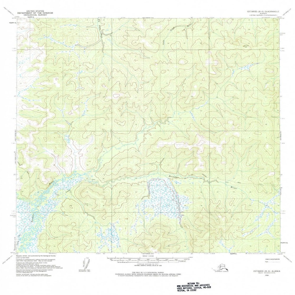 YellowMaps Iditarod B 6 AK topo map, 1:63360 Scale, 15 X 15 Minute, Historical, 1954, Updated 1983, 21.8 x 18 in - Tyvek