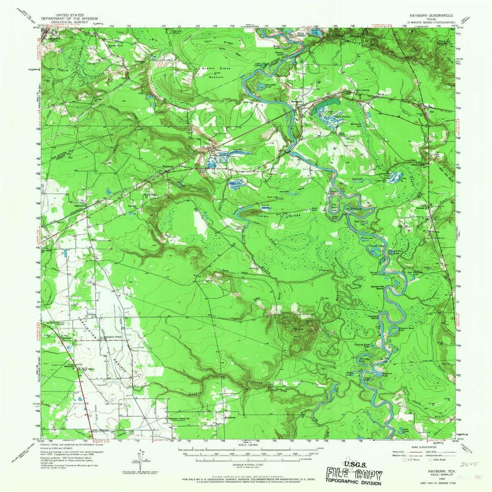 YellowMaps Rayburn TX topo map, 1:62500 Scale, 15 X 15 Minute, Historical, 1955, Updated 1967, 20.9 x 18 in - Tyvek
