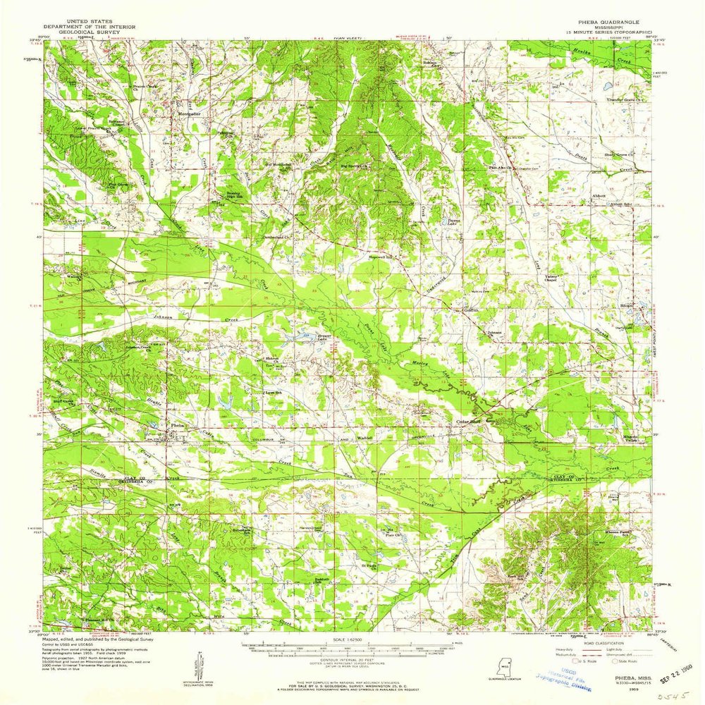 YellowMaps Pheba MS topo map, 1:62500 Scale, 15 X 15 Minute, Historical, 1959, Updated 1960, 20.8 x 16.9 in - Tyvek