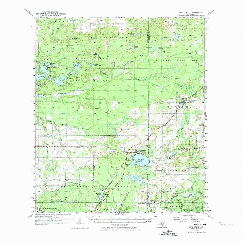 YellowMaps Fife Lake MI topo map, 1:62500 Scale, 15 X 15 Minute, Historical, 1956, Updated 1974, 22 x 18 in - Tyvek