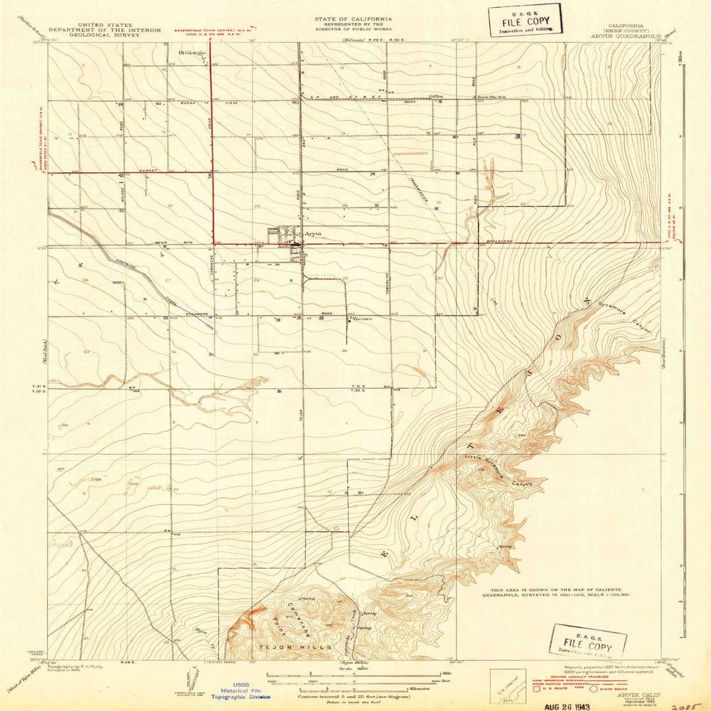 YellowMaps Arvin CA topo map, 1:31680 Scale, 7.5 X 7.5 Minute, Historical, 1933, Updated 1943, 19.8 x 16.4 in - Tyvek