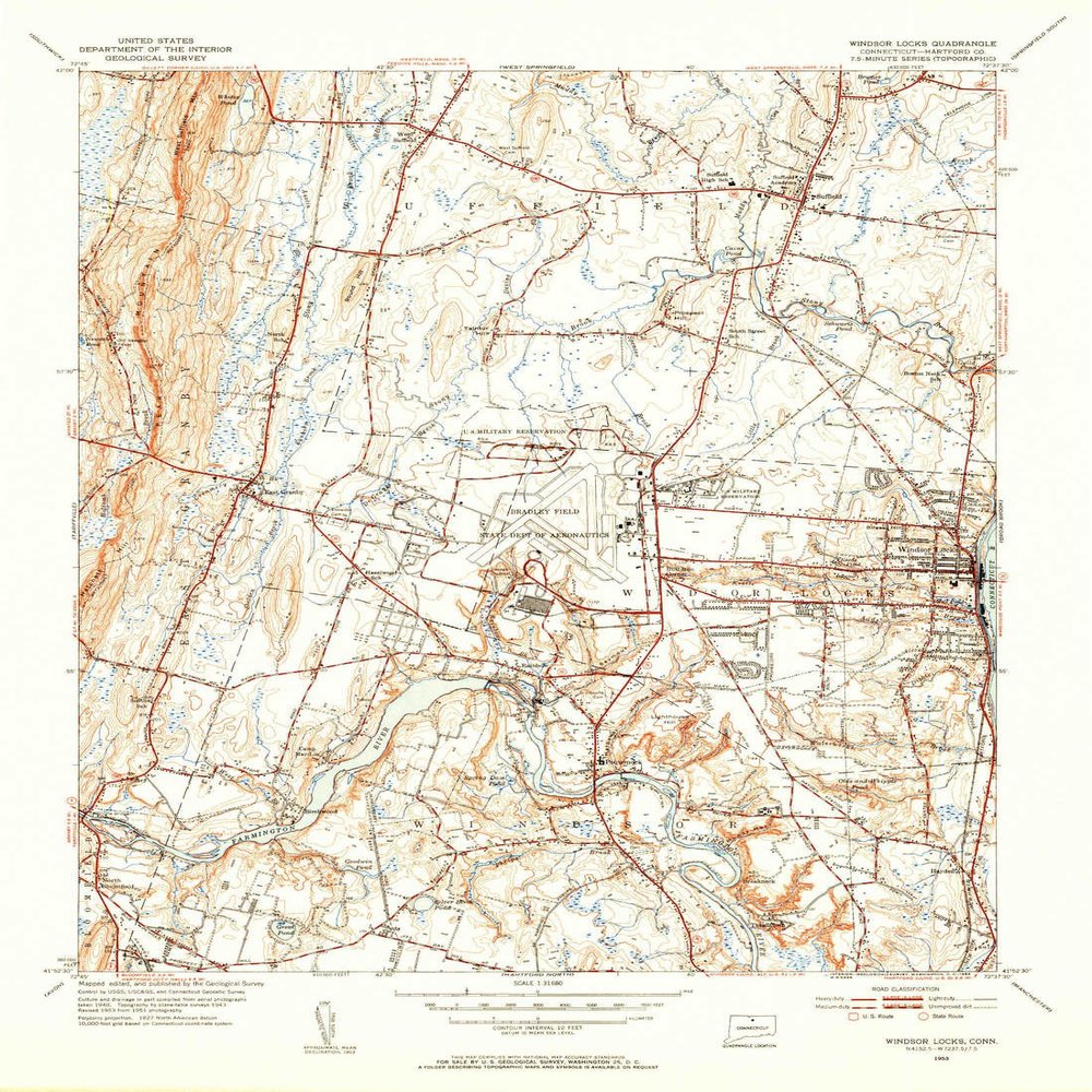 YellowMaps Windsor Locks CT topo map, 1:31680 Scale, 7.5 X 7.5 Minute, Historical, 1953, Updated 1954, 20.9 x 15.3 in - Tyvek