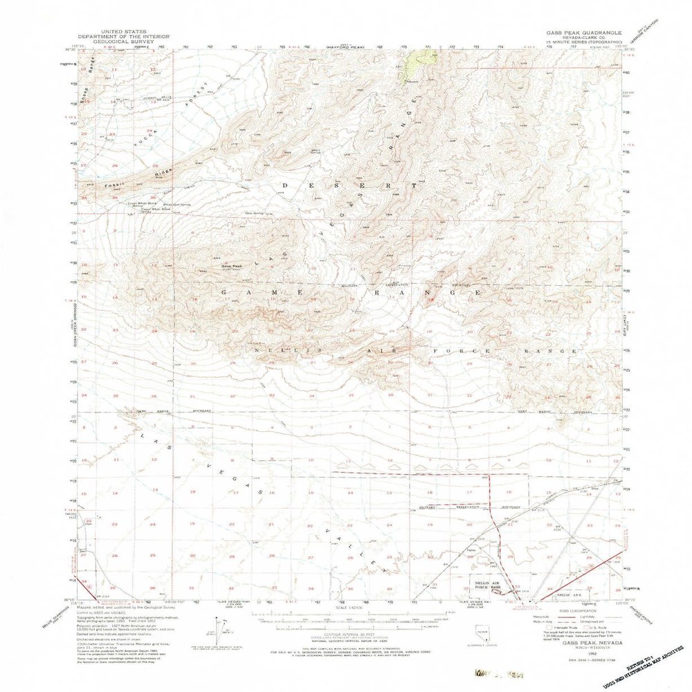 YellowMaps Gass Peak NV topo map, 1:62500 Scale, 15 X 15 Minute, Historical, 1952, Updated 1983, 22 x 18 in - Tyvek