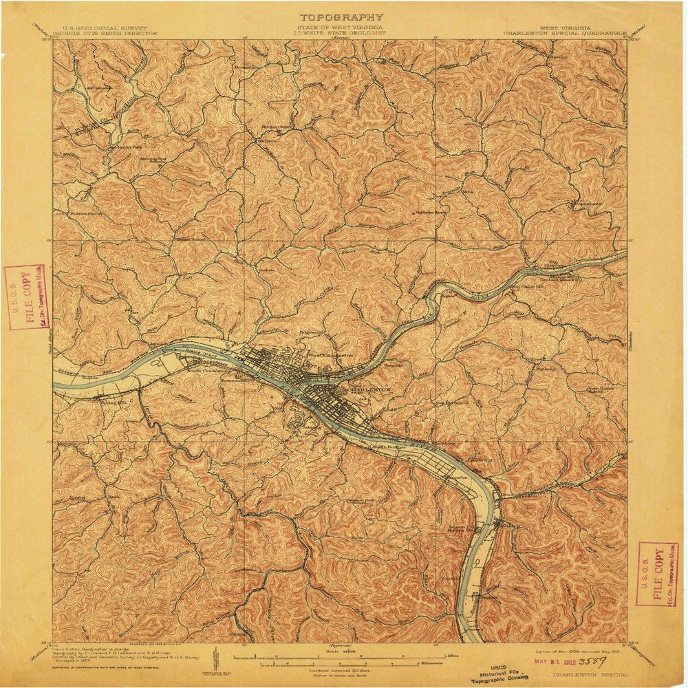 YellowMaps Charleston Special WV topo map, 1:62500 Scale, 15 X 15 Minute, Historical, 1909, Updated 1912, 19.9 x 16.5 in - Tyvek