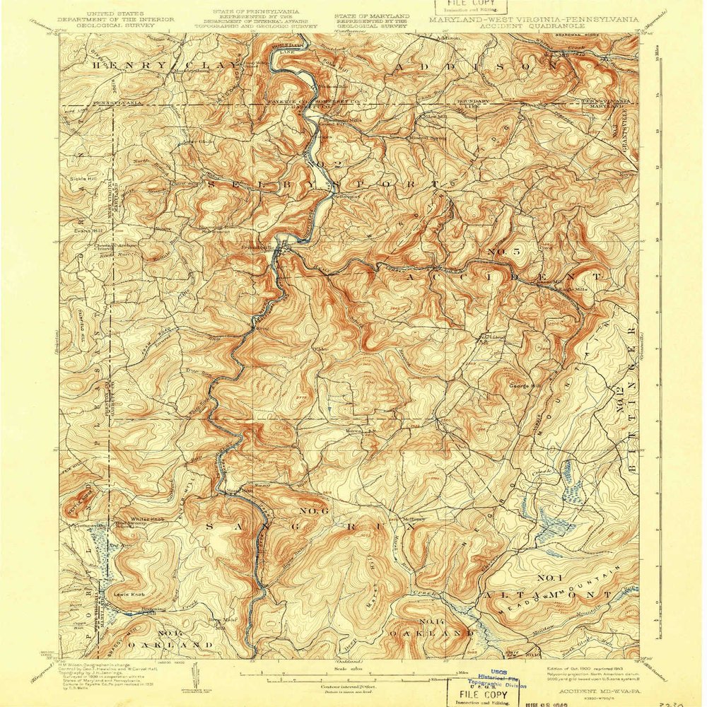YellowMaps Accident MD topo map, 1:62500 Scale, 15 X 15 Minute, Historical, 1900, Updated 1943, 19.7 x 16.5 in - Tyvek