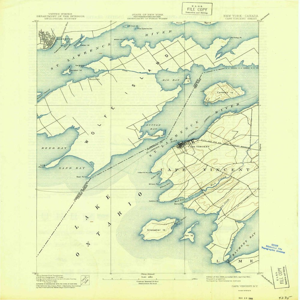 YellowMaps Cape Vincent NY topo map, 1:62500 Scale, 15 X 15 Minute, Historical, 1944, 20.8 x 17 in - Tyvek