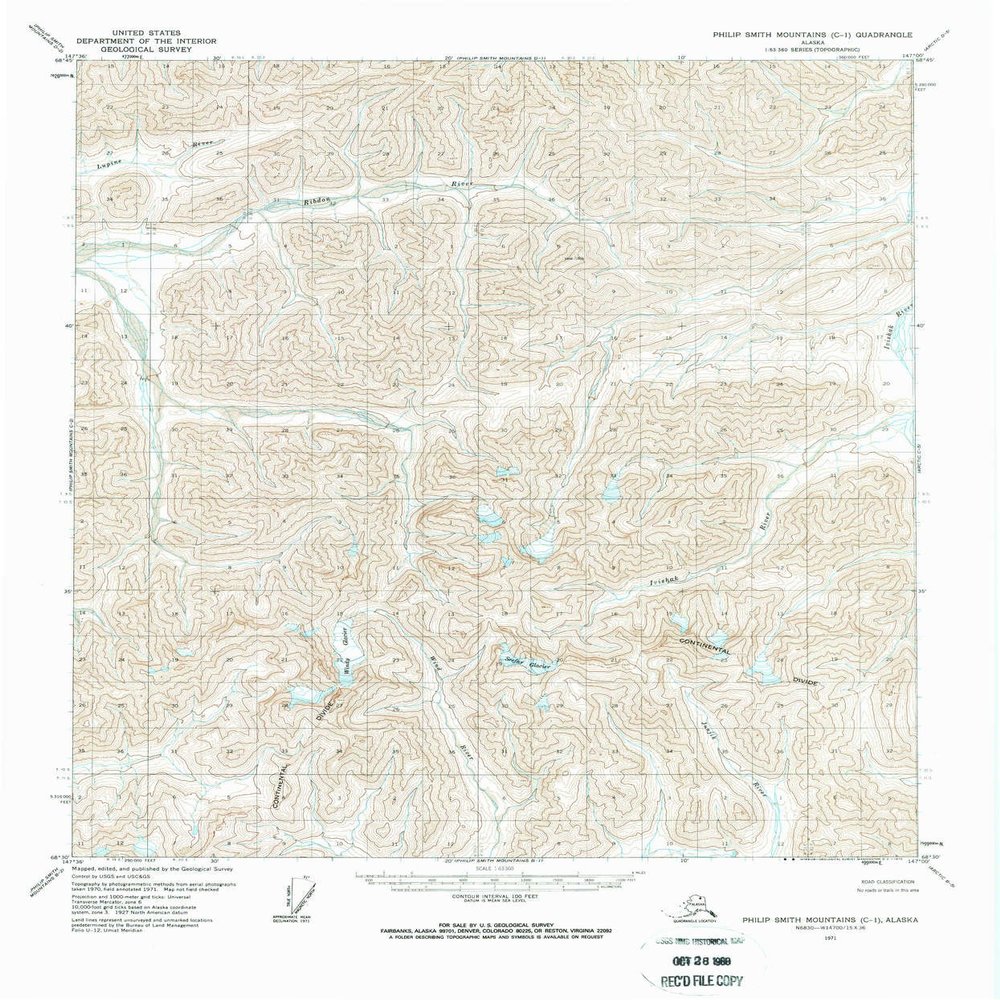 YellowMaps Philip Smith Mountains C 1 AK topo map, 1:63360 Scale, 15 X 15 Minute, Historical, 1971, Updated 1975, 21.8 x 18.1 in - Tyvek