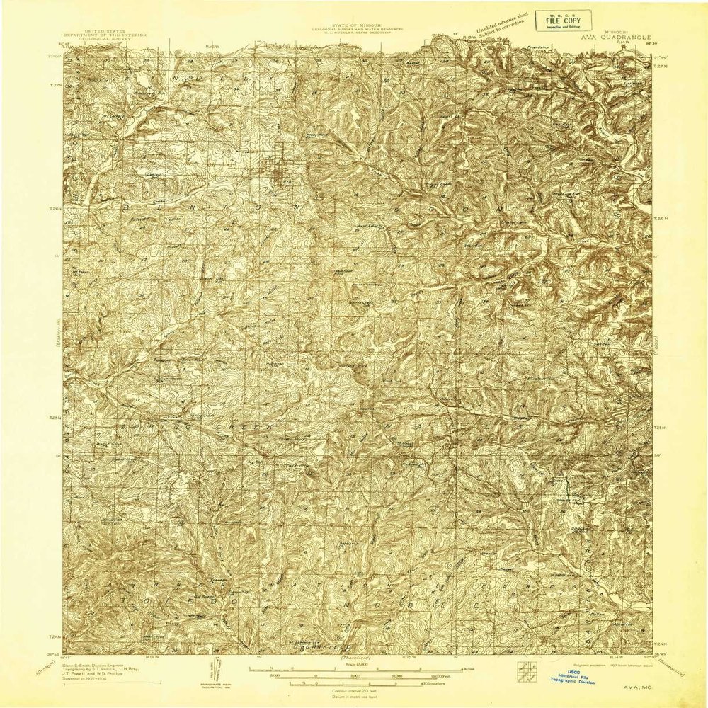 YellowMaps Ava MO topo map, 1:48000 Scale, 15 X 15 Minute, Historical, 1936, 26.9 x 21.9 in - Tyvek