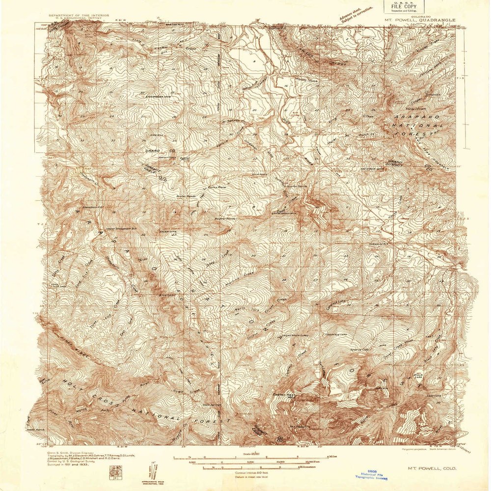 Mt Powell CO topo map, 1:48000 Scale, 15 X 15 Minute, Historical, 1933, 26.7 x 21.1 in - Tyvek