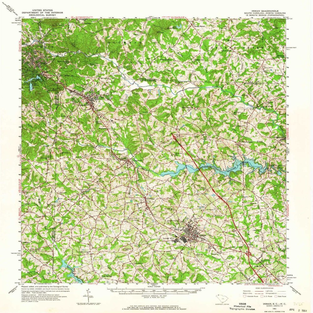 YellowMaps Inman SC topo map, 1:62500 Scale, 15 X 15 Minute, Historical, 1961, Updated 1964, 20.7 x 17 in - Tyvek