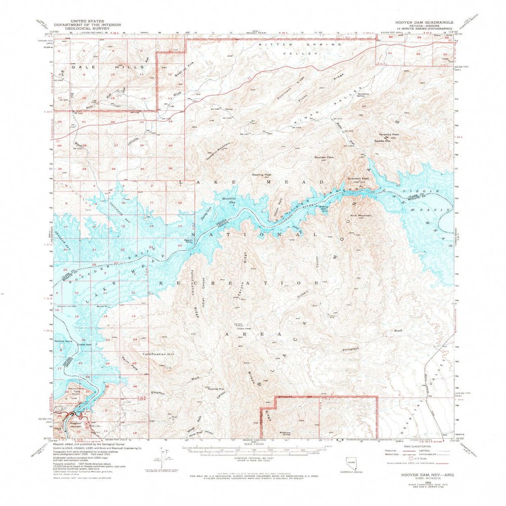 YellowMaps Hoover Dam AZ topo map, 1:62500 Scale, 15 X 15 Minute, Historical, 1953, Updated 1973, 21.9 x 17.9 in - Tyvek