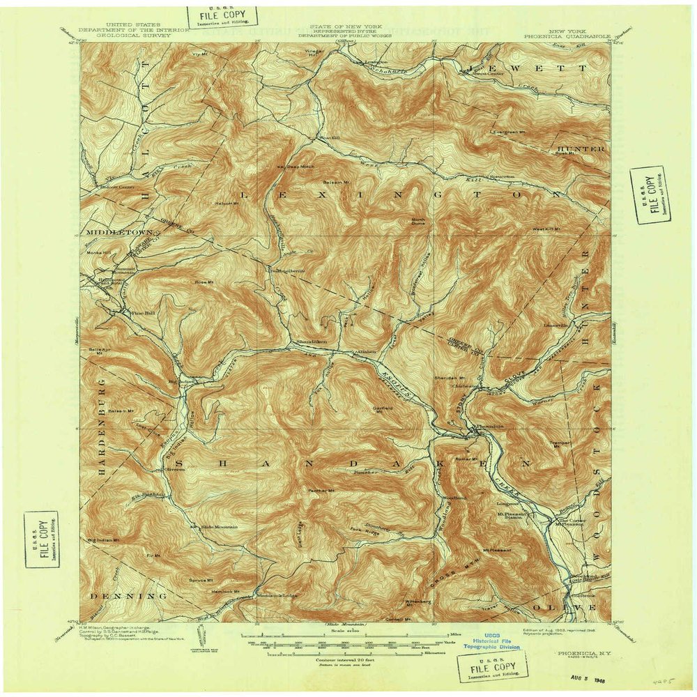 YellowMaps Phoenicia NY topo map, 1:62500 Scale, 15 X 15 Minute, Historical, 1903, Updated 1948, 20.9 x 17 in - Tyvek