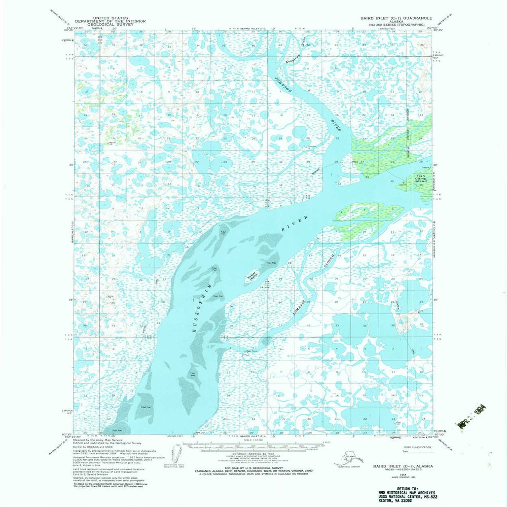YellowMaps Baird Inlet C 1 AK topo map, 1:63360 Scale, 15 X 15 Minute, Historical, 1954, Updated 1983, 21.7 x 18 in - Tyvek
