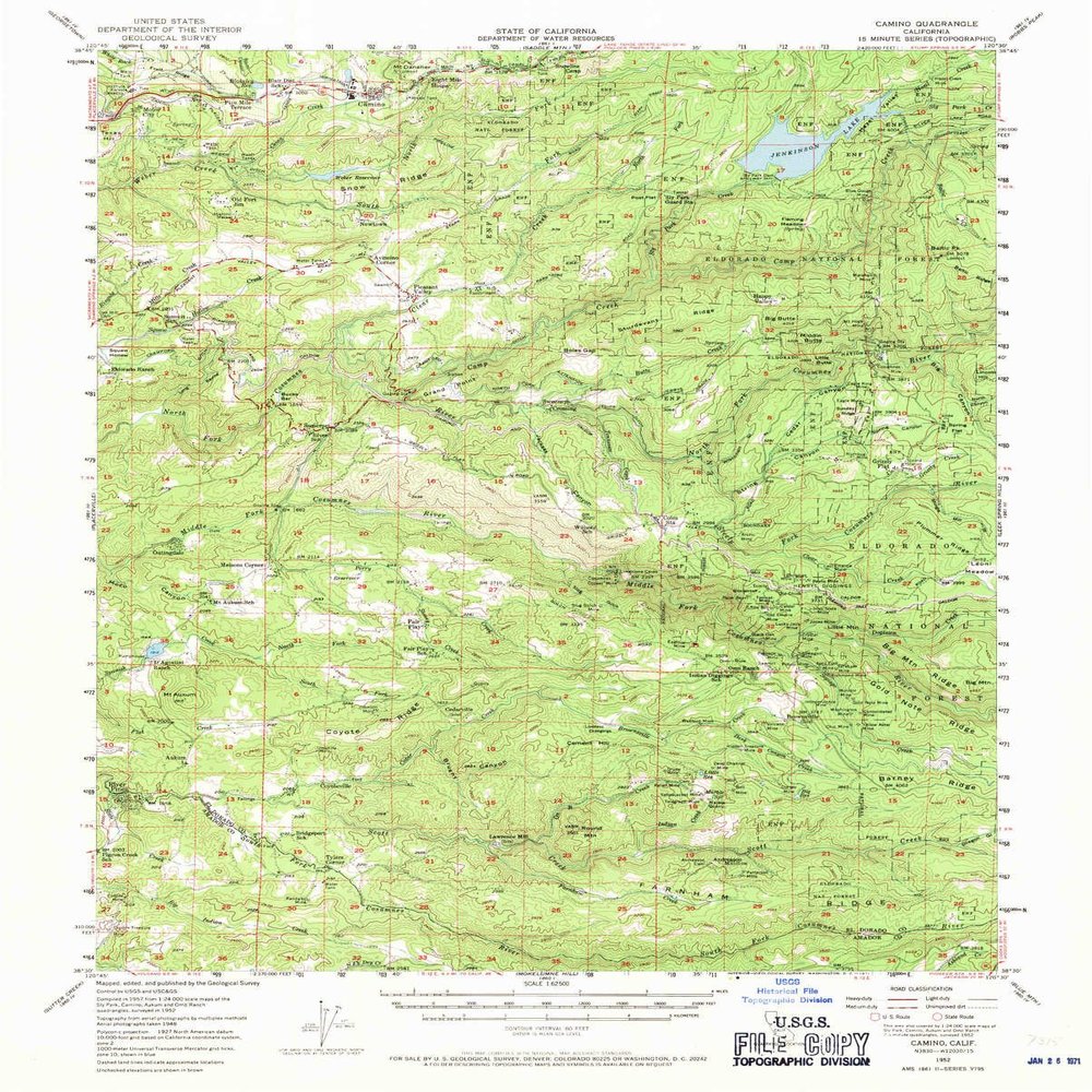 YellowMaps Camino CA topo map, 1:62500 Scale, 15 X 15 Minute, Historical, 1952, Updated 1971, 20.7 x 16.7 in - Tyvek