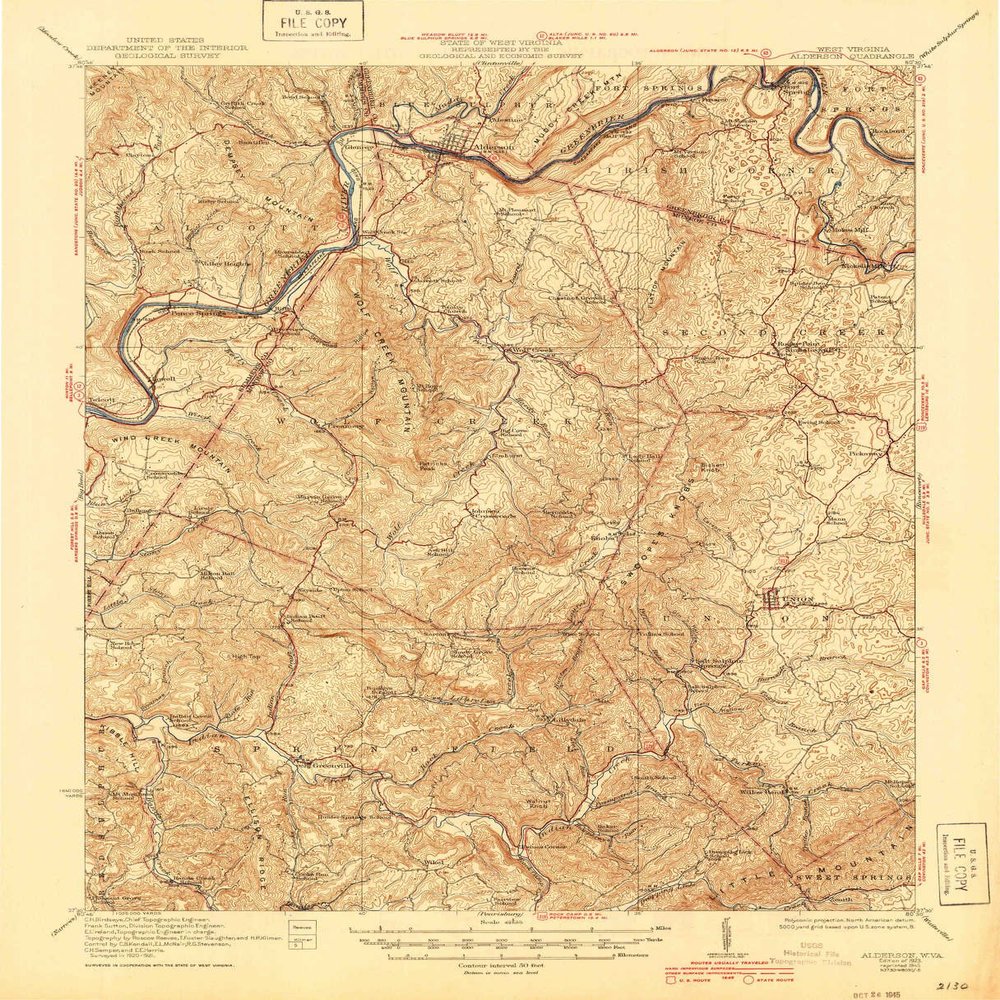 YellowMaps Alderson WV topo map, 1:62500 Scale, 15 X 15 Minute, Historical, 1923, Updated 1945, 20.7 x 16.8 in - Tyvek