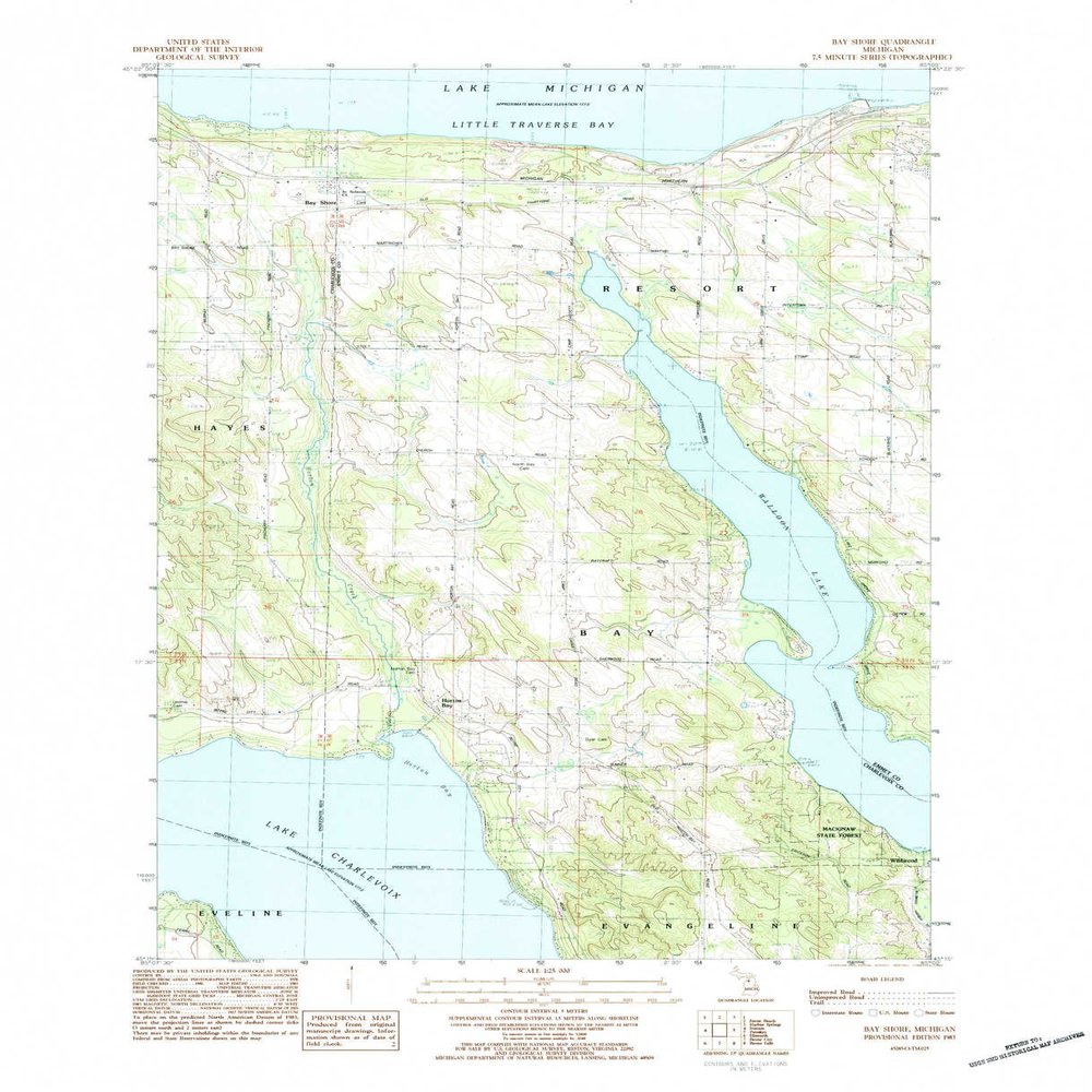 YellowMaps Bay Shore MI topo map, 1:25000 Scale, 7.5 X 7.5 Minute, Historical, 1983, Updated 1984, 26.8 x 21.8 in - Tyvek