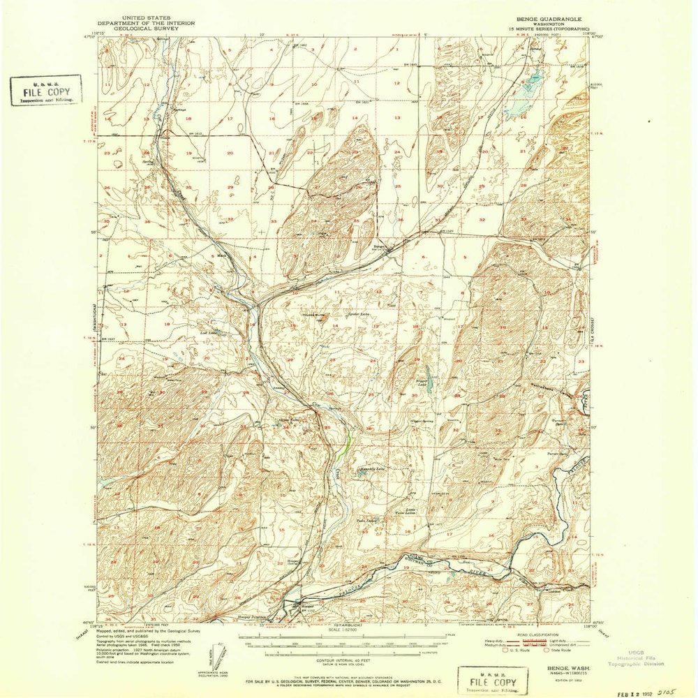 YellowMaps Benge WA topo map, 1:62500 Scale, 15 X 15 Minute, Historical, 1952, 20.9 x 17 in - Tyvek