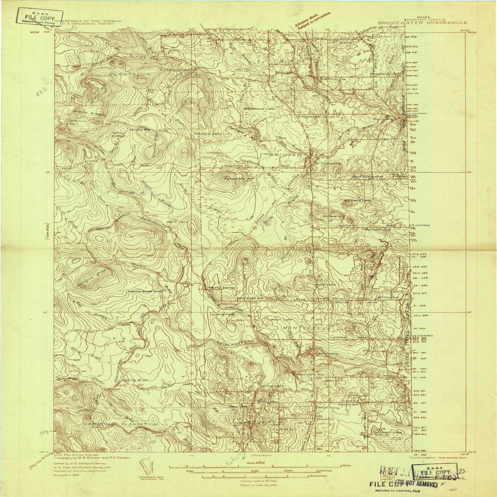 YellowMaps Bridgewater ME topo map, 1:48000 Scale, 15 X 15 Minute, Historical, 1934, 27 x 19.1 in - Tyvek