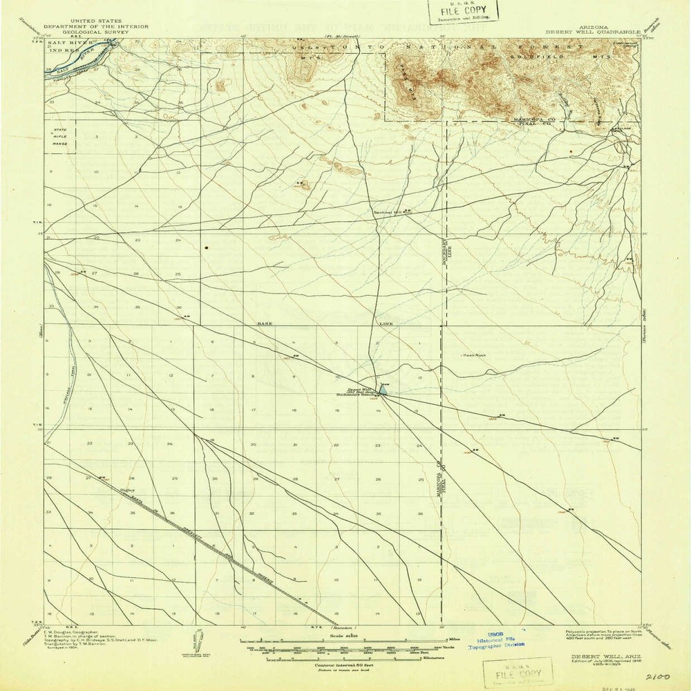Desert Well AZ topo map, 1:62500 Scale, 15 X 15 Minute, Historical, 1906, Updated 1946, 20.6 x 17 in - Tyvek