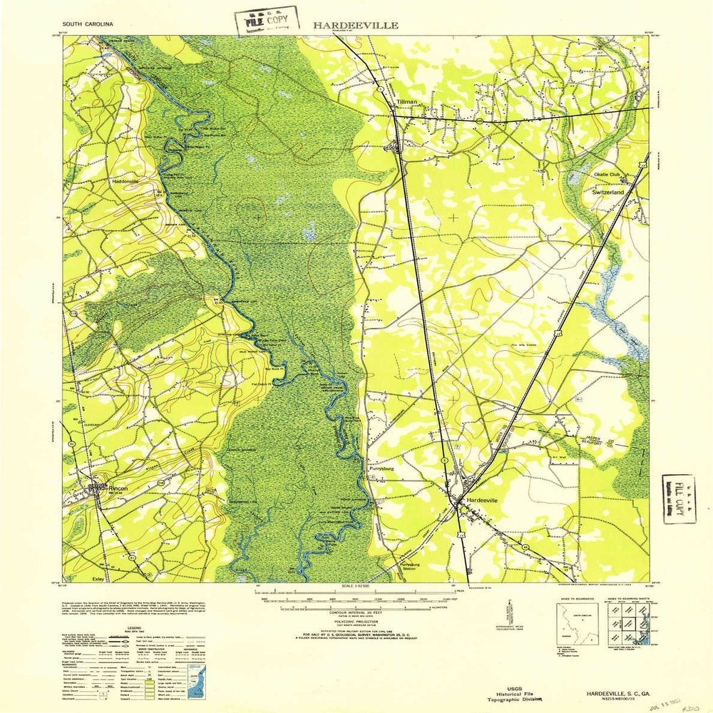 YellowMaps Hardeeville SC topo map, 1:62500 Scale, 15 X 15 Minute, Historical, 1953, 22.8 x 18 in - Tyvek