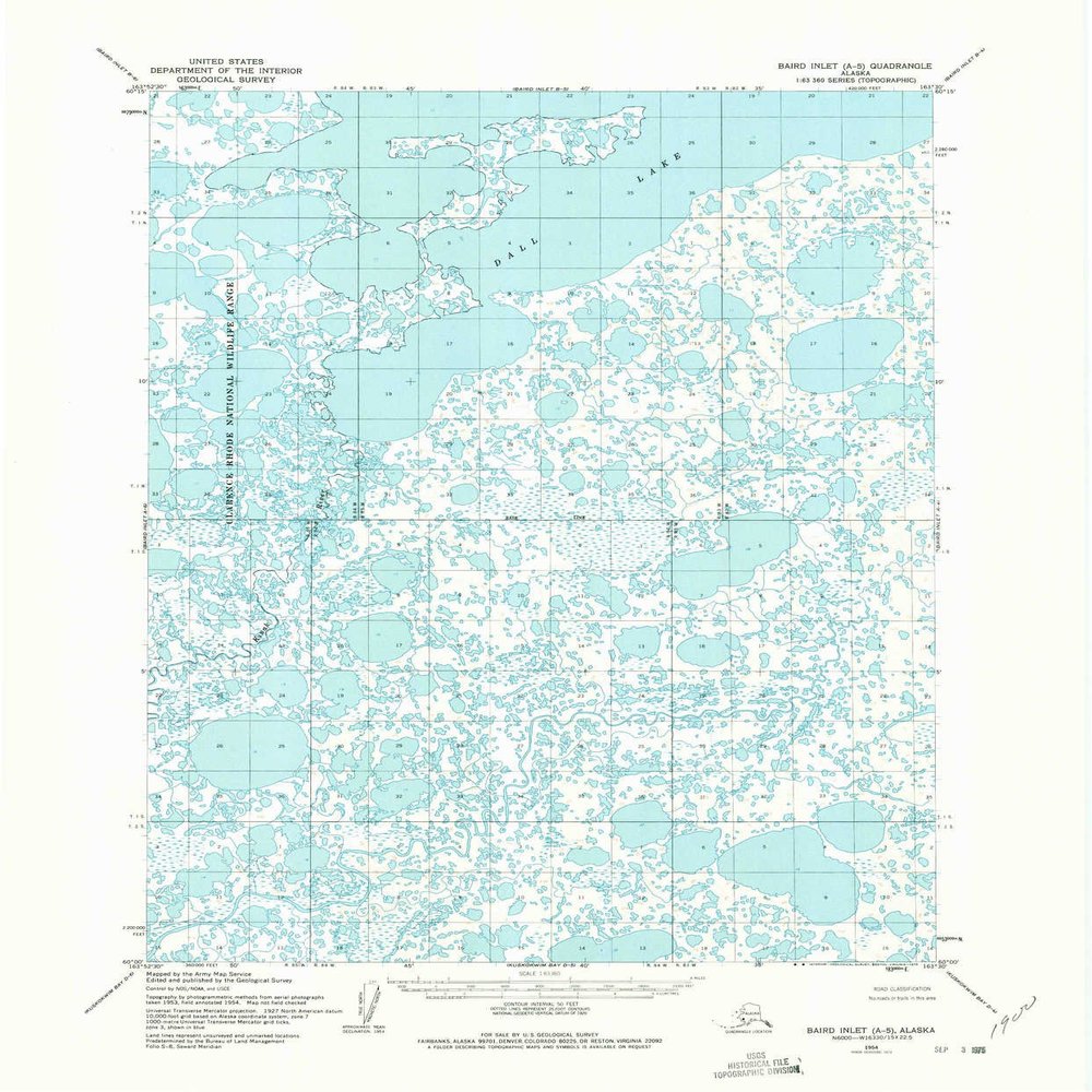 YellowMaps Baird Inlet A 5 AK topo map, 1:63360 Scale, 15 X 15 Minute, Historical, 1954, Updated 1975, 21.7 x 18 in - Tyvek