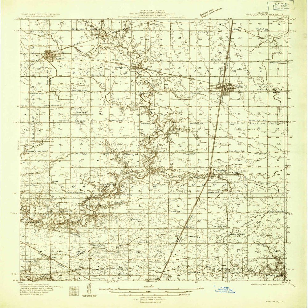 YellowMaps Arcola IL topo map, 1:48000 Scale, 15 X 15 Minute, Historical, 1935, 26.8 x 20.5 in - Tyvek