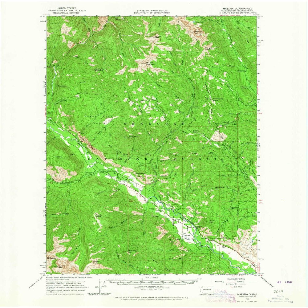 YellowMaps Mazama WA topo map, 1:62500 Scale, 15 X 15 Minute, Historical, 1962, Updated 1964, 20.9 x 17 in - Tyvek