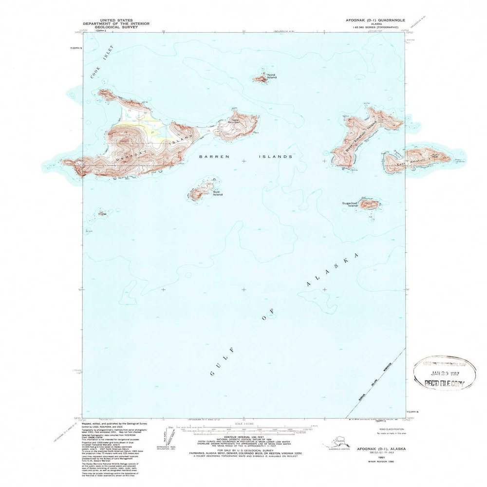 YellowMaps Afognak D 1 AK topo map, 1:63360 Scale, 15 X 15 Minute, Historical, 1951, Updated 1987, 21.8 x 18 in - Tyvek