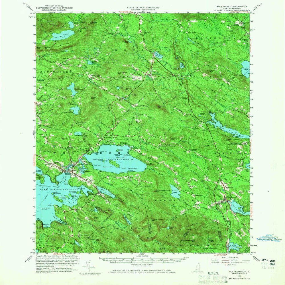 YellowMaps Wolfeboro NH topo map, 1:62500 Scale, 15 X 15 Minute, Historical, 1958, Updated 1965, 20.8 x 17 in - Tyvek