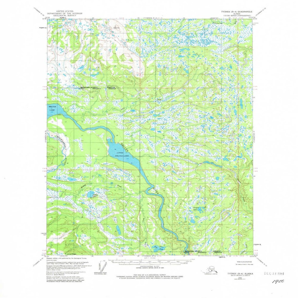 YellowMaps Tyonek B 4 AK topo map, 1:63360 Scale, 15 X 15 Minute, Historical, 1954, Updated 1981, 21.8 x 18.1 in - Tyvek