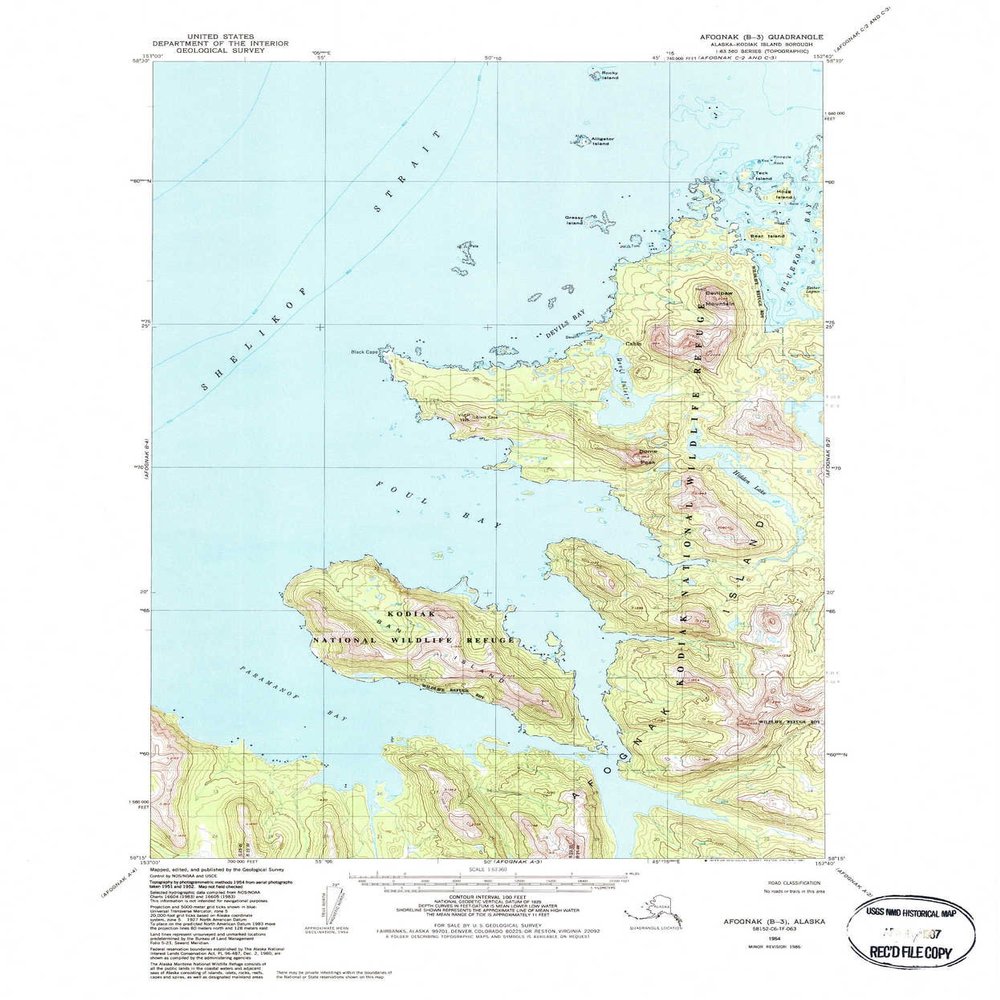 YellowMaps Afognak B 3 AK topo map, 1:63360 Scale, 15 X 15 Minute, Historical, 1954, Updated 1987, 21.7 x 18 in - Tyvek