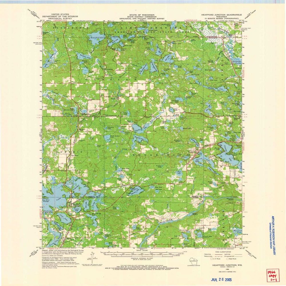 YellowMaps Heafford Junction WI topo map, 1:62500 Scale, 15 X 15 Minute, Historical, 1966, Updated 1968, 22.15 x 17.58 in - Tyvek