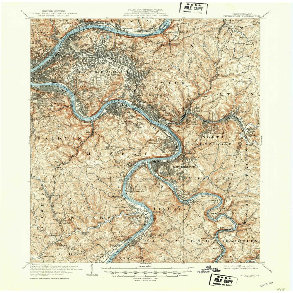 YellowMaps Pittsburgh PA topo map, 1:62500 Scale, 15 X 15 Minute, Historical, 1907, Updated 1949, 20.9 x 17 in - Tyvek