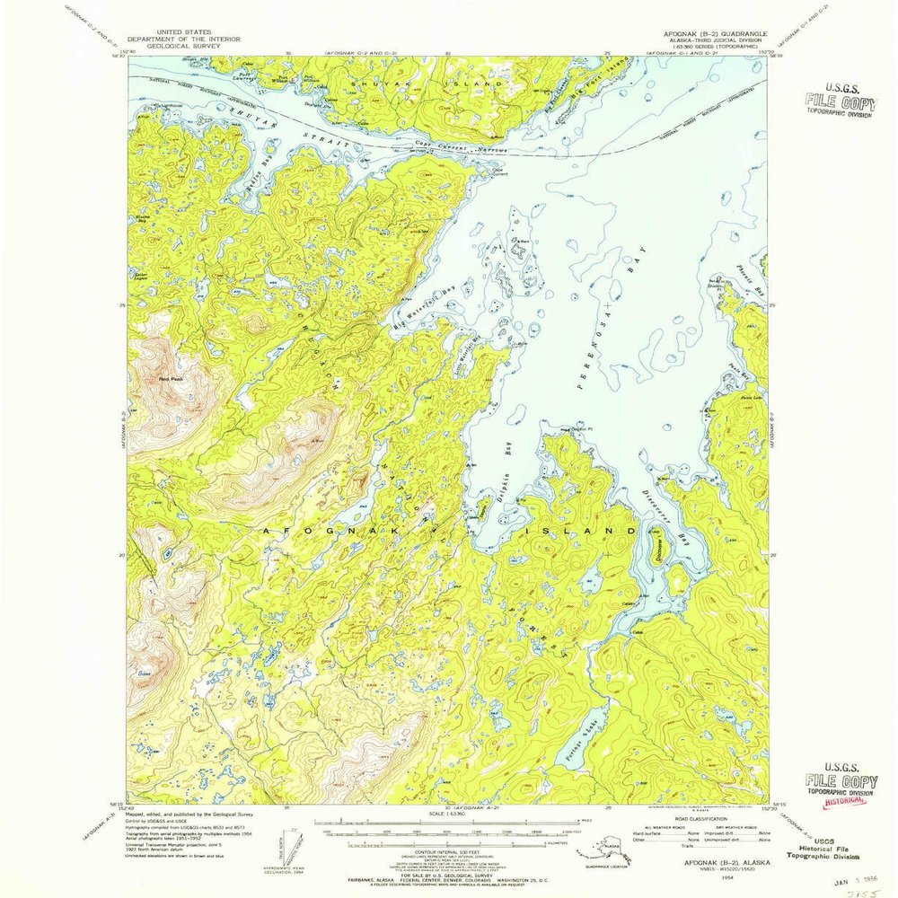 YellowMaps Afognak B 2 AK topo map, 1:63360 Scale, 15 X 15 Minute, Historical, 1954, Updated 1955, 20.8 x 17 in - Tyvek