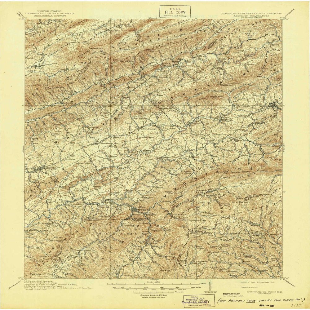 YellowMaps Abingdon VA topo map, 1:125000 Scale, 30 X 30 Minute, Historical, 1911, Updated 1945, 20.8 x 17 in - Tyvek