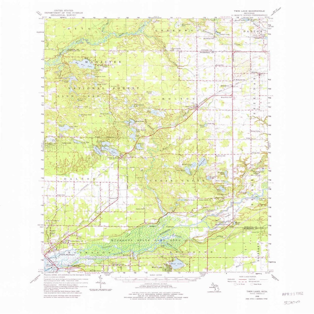 YellowMaps Twin Lake MI topo map, 1:62500 Scale, 15 X 15 Minute, Historical, 1958, Updated 1982, 21.7 x 17.9 in - Tyvek