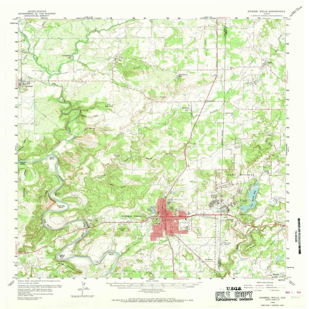 Mineral Wells TX topo map, 1:62500 Scale, 15 X 15 Minute, Historical, 1959, Updated 1969, 20.9 x 17 in - Tyvek