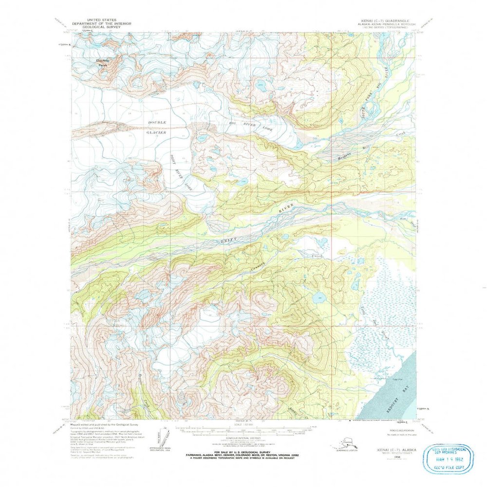 YellowMaps Kenai C 7 AK topo map, 1:63360 Scale, 15 X 15 Minute, Historical, 1958, Updated 1973, 21.8 x 18 in - Tyvek