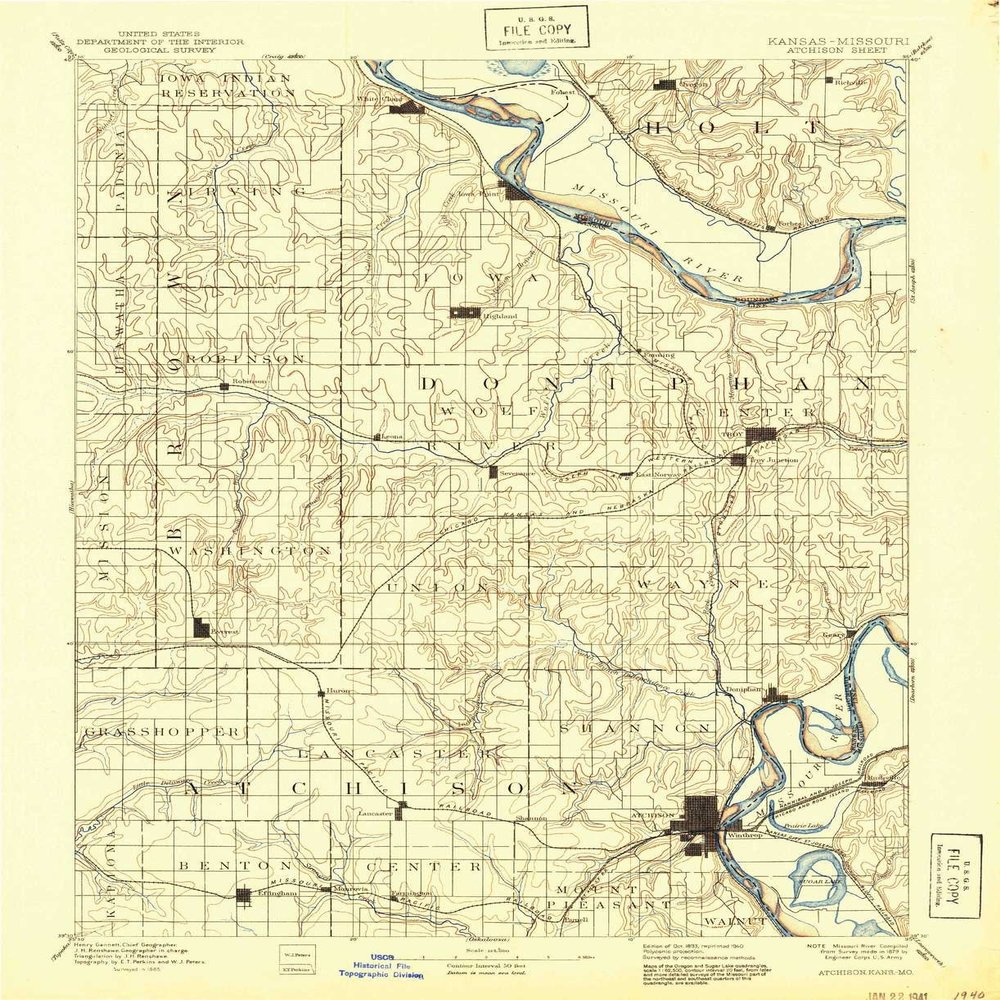 YellowMaps Atchison KS topo map, 1:125000 Scale, 30 X 30 Minute, Historical, 1893, Updated 1940, 19.94 x 16.25 in - Tyvek