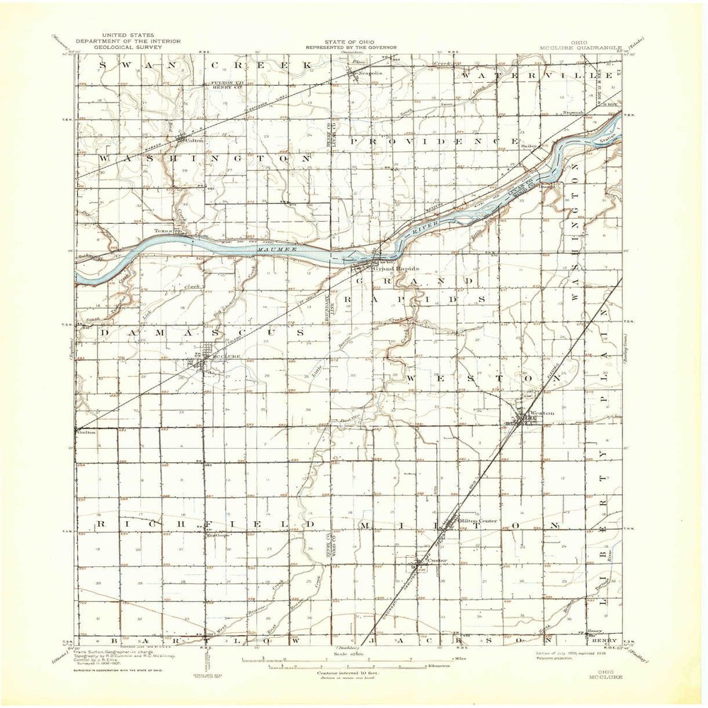 YellowMaps Mc Clure OH topo map, 1:62500 Scale, 15 X 15 Minute, Historical, 1909, Updated 1936, 20.9 x 17 in - Tyvek