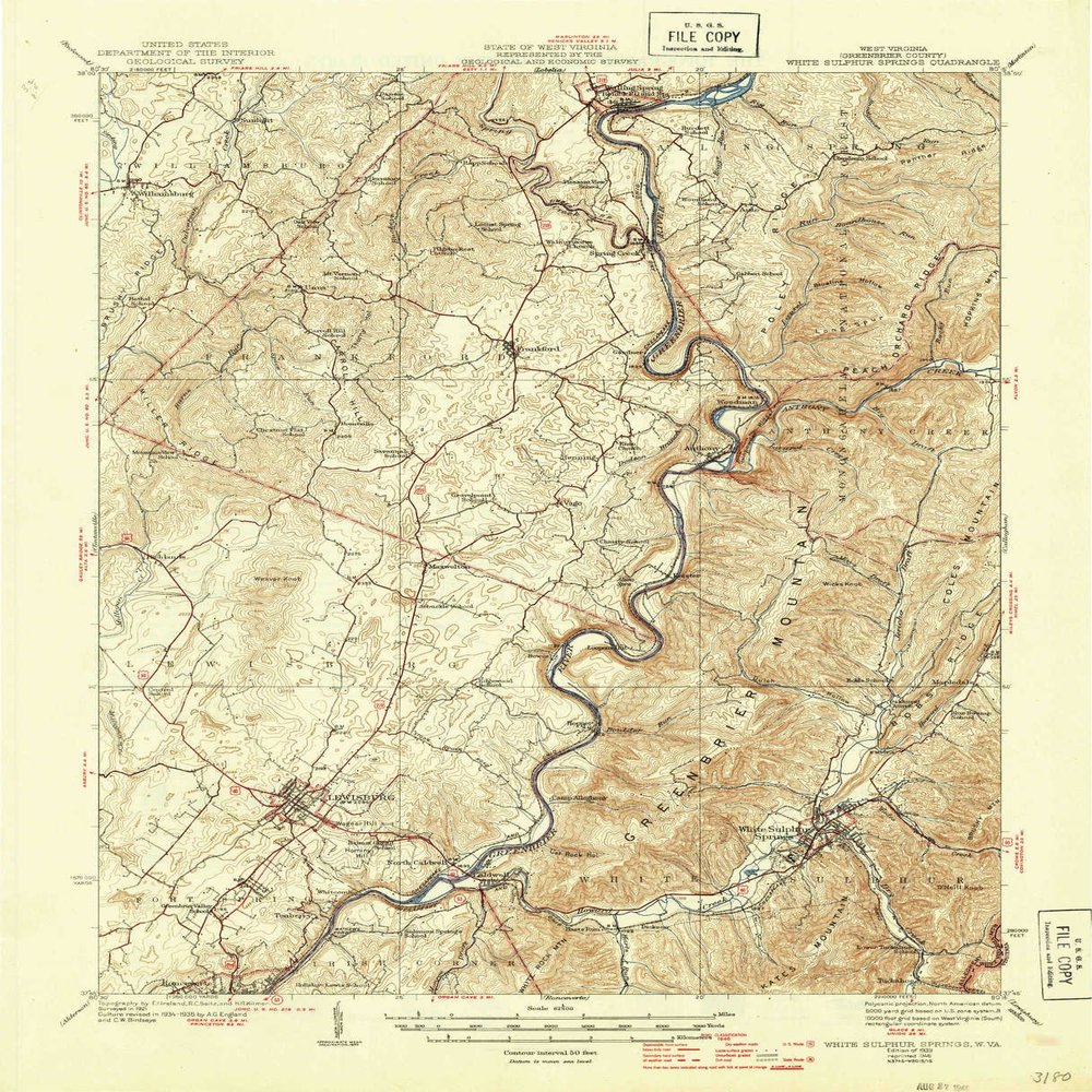 YellowMaps White Sulphur Springs WV topo map, 1:62500 Scale, 15 X 15 Minute, Historical, 1939, Updated 1946, 20.7 x 16.8 in - Tyvek