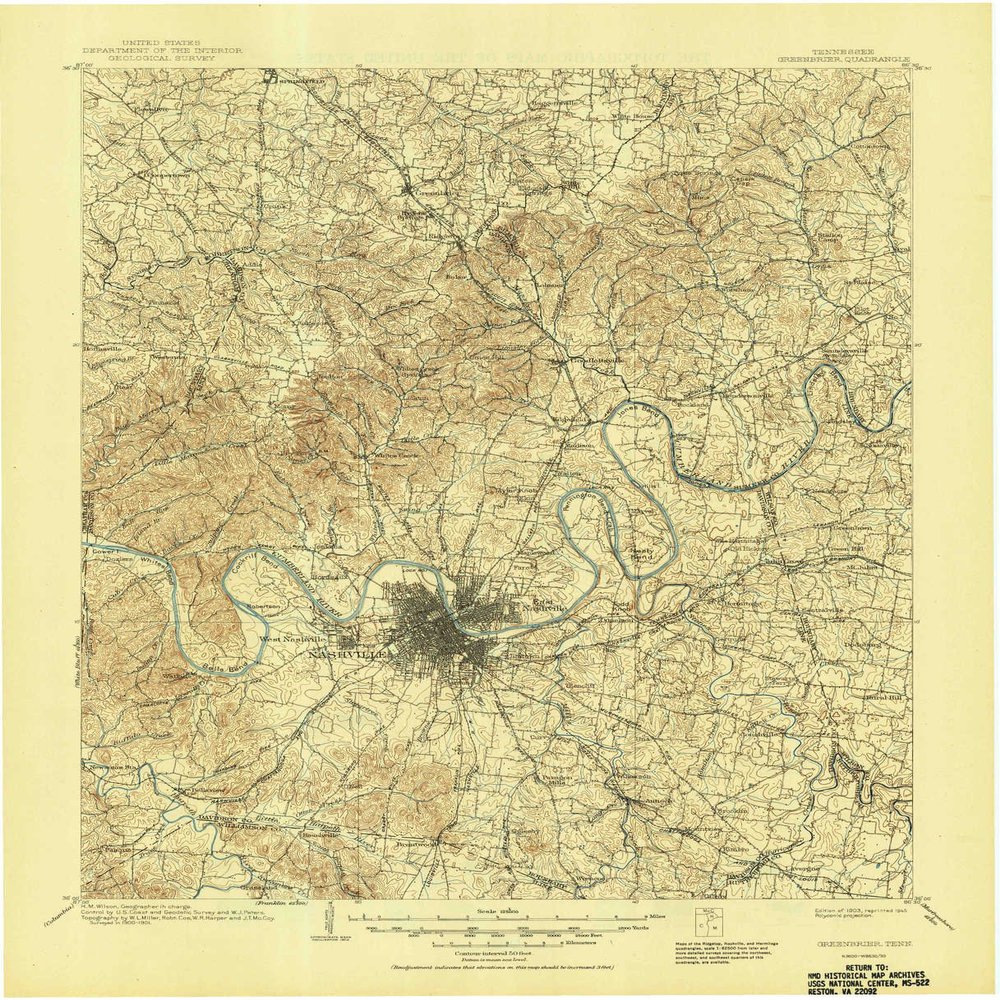 YellowMaps Greenbrier TN topo map, 1:125000 Scale, 30 X 30 Minute, Historical, 1903, Updated 1945, 21 x 17 in - Tyvek