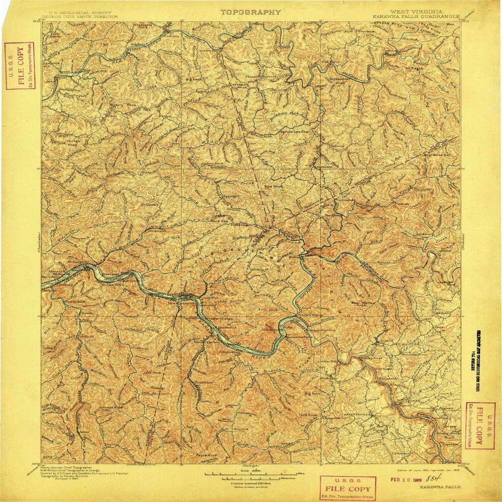 YellowMaps Kanawha Falls WV topo map, 1:125000 Scale, 30 X 30 Minute, Historical, 1901, Updated 1909, 19.8 x 16.5 in - Tyvek
