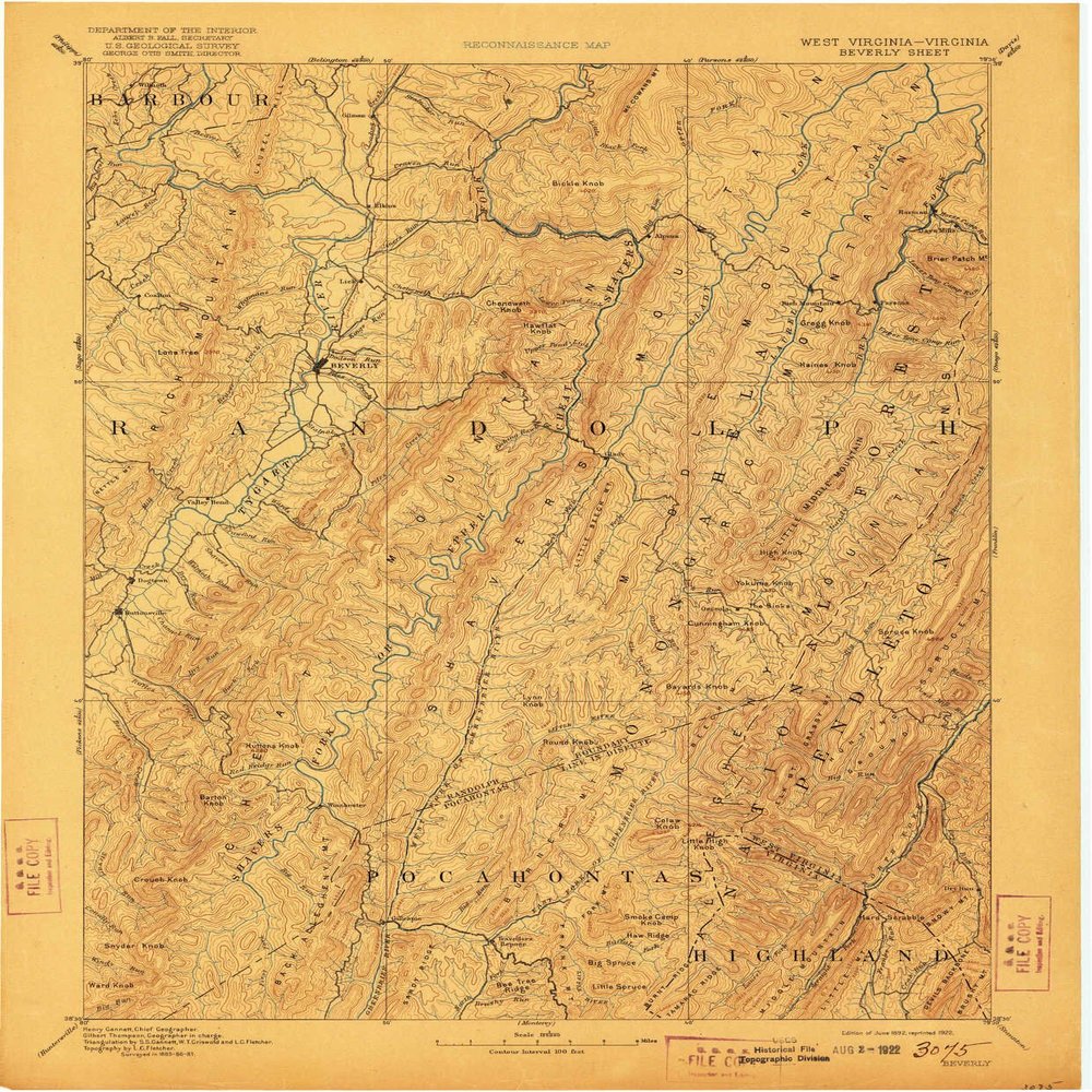 YellowMaps Beverly WV topo map, 1:125000 Scale, 30 X 30 Minute, Historical, 1892, Updated 1922, 20 x 16.5 in - Tyvek