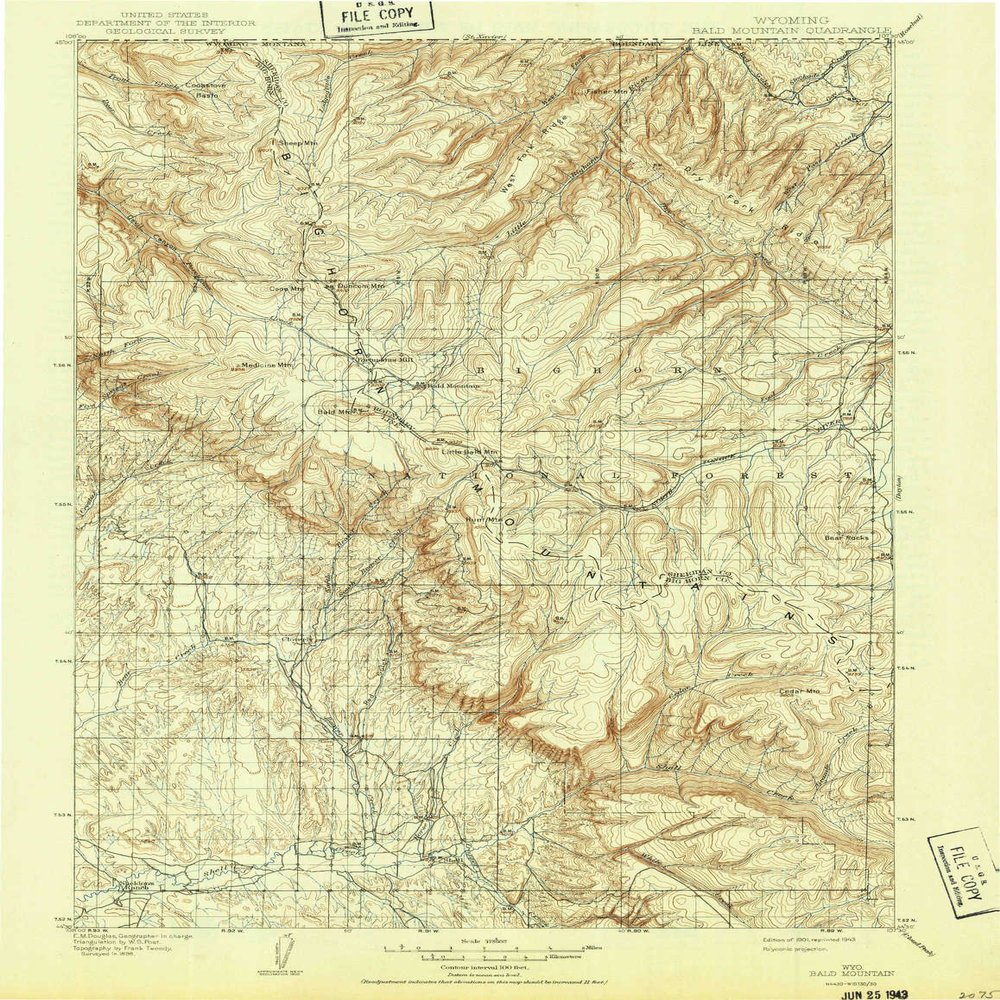 YellowMaps Bald Mountain WY topo map, 1:125000 Scale, 30 X 30 Minute, Historical, 1901, Updated 1943, 19.8 x 15.3 in - Tyvek