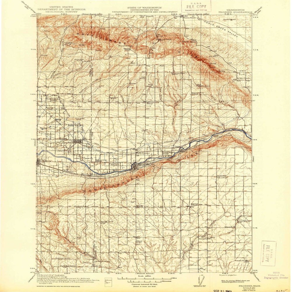 YellowMaps Prosser WA topo map, 1:125000 Scale, 30 X 30 Minute, Historical, 1917, Updated 1943, 19.9 x 16.6 in - Tyvek